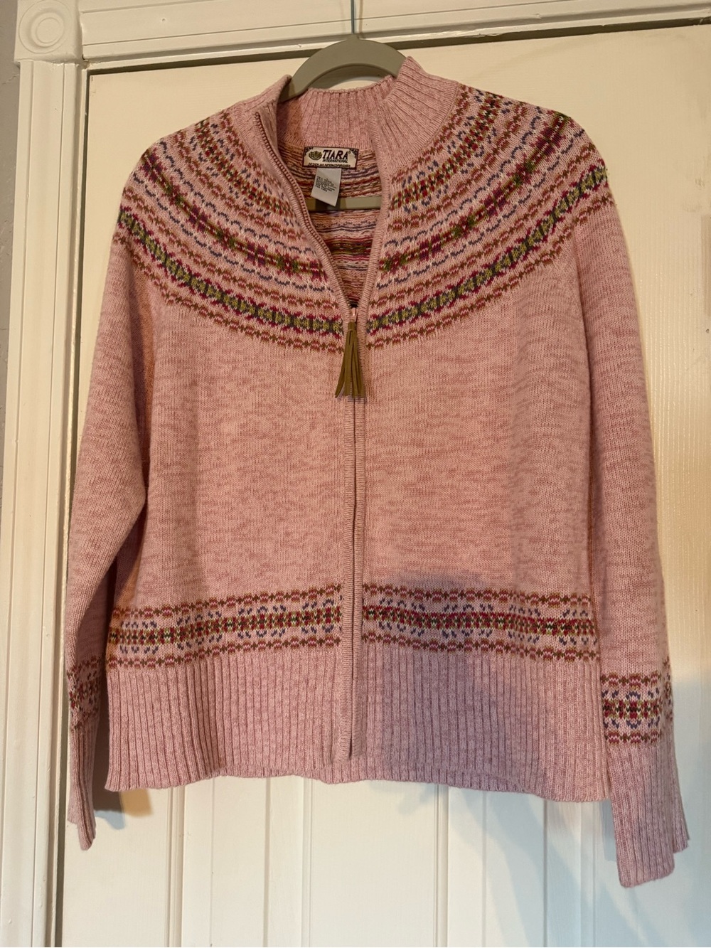 Tiara Soft Pink Zip-Up Fair Isle Yoke Sweater